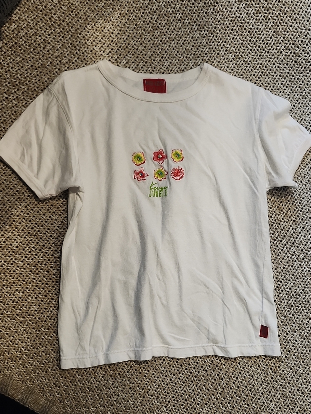 Kenzo Jungle White Short Sleeve Tee with Pink & Yellow Floral Embroidery
